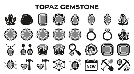 Fototapeta premium Topaz gemstone icon set featuring jewelry designs and mineral collection elements isolated on white background