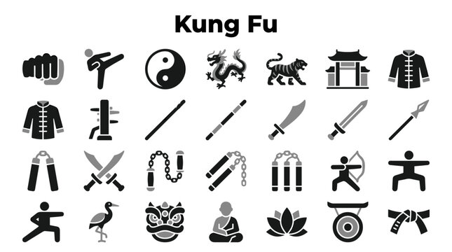 Set of flat monochrome kung fu martial arts icons depicting weapons symbols and fighting poses isolated on a white background