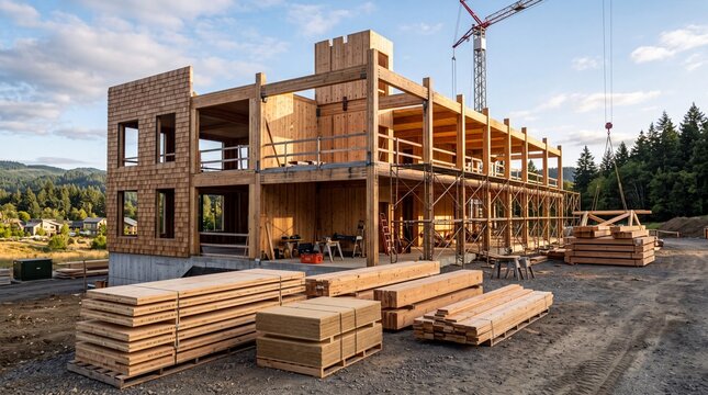 Mass timber construction site with cross-laminated timber frame. Sustainable wooden building under development. Eco-friendly architecture project.