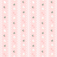 Pastel Pink Baby Chick and Floral Vertical Stripe Seamless Pattern with Scalloped Border for Nursery Fabric Textile and Wallpaper © Hilda Nofianita 🌷