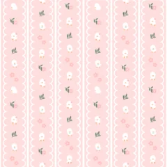 Pastel Pink Baby Chick and Floral Vertical Stripe Seamless Pattern with Scalloped Border for Nursery Fabric Textile and Wallpaper © Hilda Nofianita 🌷