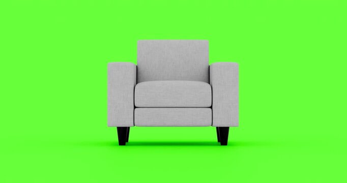 Grey 3D armchair scaling up and rotating smoothly into position over solid green screen background