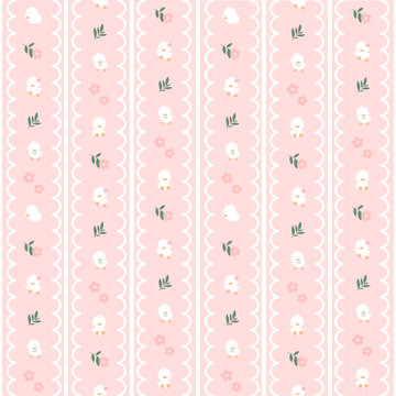 Pastel Pink Baby Chick and Floral Vertical Stripe Seamless Pattern with Scalloped Border for Nursery Fabric Textile and Wallpaper