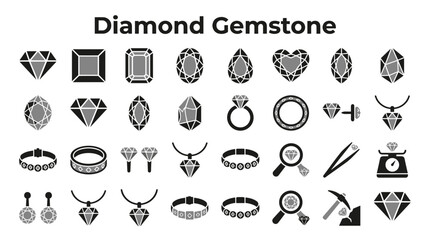Fototapeta premium Set of diamond gemstone icons featuring various cuts jewelry pieces and professional tools for appraisal and mining on a transparent background