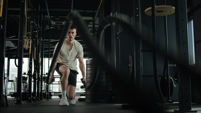 Motivated Caucasian athlete man training with battle ropes in fitness gym sportsman muscular male performing dynamic waves jumping exercise cardio strength functional workout bodybuilder endurance