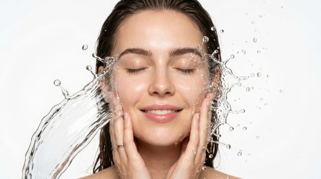 Young woman enjoying refreshing water splash on face with eyes closed in pure joy