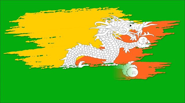 Bhutan Flag Grunge Brush Stroke Animation, Bhutanese National Flag, Bhutan Flag Motion Background, Druk Dragon Flag