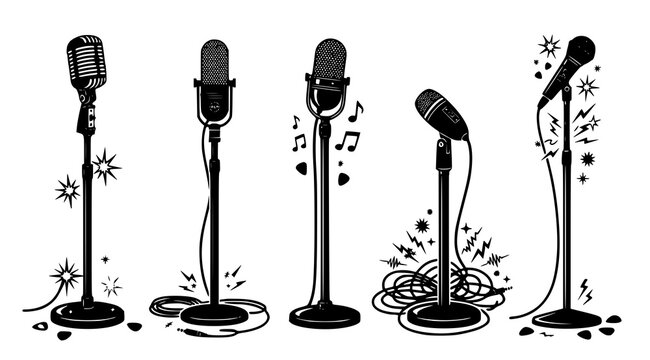 Retro standing microphone vector set flat black vintage stage vocal mic silhouette collection

