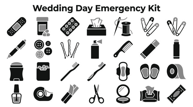 Wedding day emergency kit icons set for bridal preparation and event planning