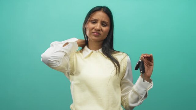 Woman holding car keys in one hand and other hand to head, puzzled expression and furrowed brow in studio; uncertainty car trouble.