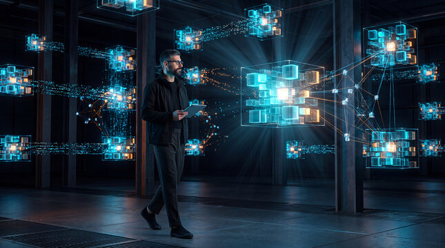 Engineer holding a tablet while walking through floating holographic data cubes