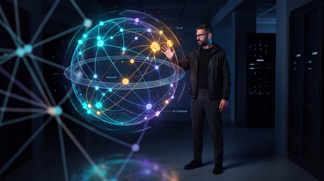 Bearded professional standing beside a glowing holographic globe of network connections