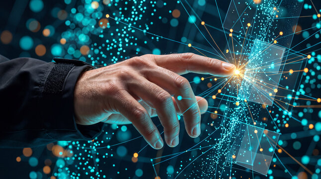 Close-up of a hand touching a glowing point of light in a digital network