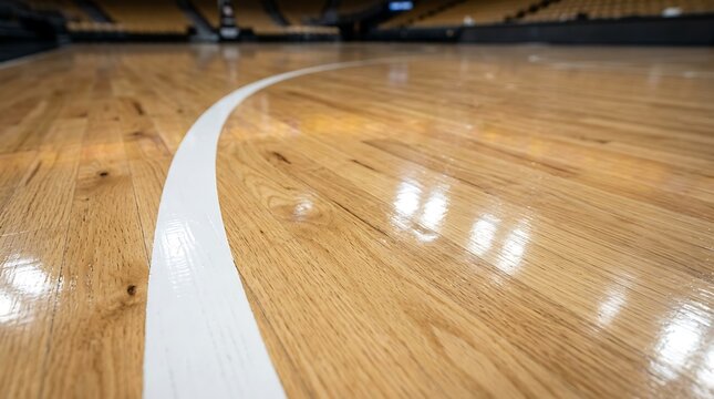 Polished Hardwood Basketball Court Floor with Three-Point Line