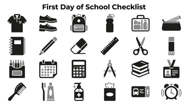 First day of school checklist icons set with educational supplies stationery and personal care items isolated on white background