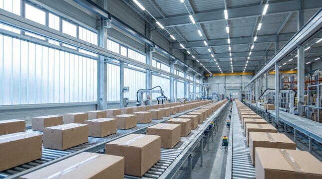 Modern factory assembly line with conveyor belt and boxes