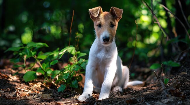 Un chiot de race Fox-terrier &agrave; poils longs assis sur un chemin de terre en for&ecirc;t &agrave; l'occasion d'une ballade, image avec espace pour texte