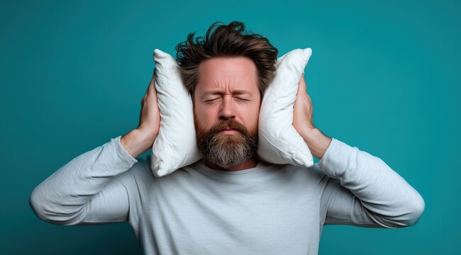 Un homme barbu sur un fond vert uni avec des cheveux bruns &eacute;bouriff&eacute;s v&ecirc;tu d'un t-shirt gris clair &agrave; manches tenant un oreiller blanc sur ses oreilles, les yeux ferm&eacute;s semblant &eacute;prouver une g&ecirc;ne.