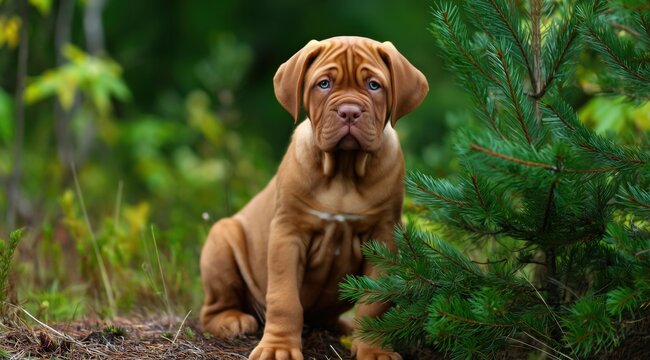 Un chiot de race dogue de Bordeaux assis sur un chemin de terre en for&ecirc;t &agrave; l'occasion d'une ballade, image avec espace pour texte.