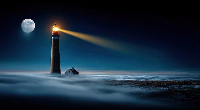 Un phare se dressant fi&egrave;rement au milieu d'une mer de nuages, sous la pleine lune, projetant un faisceau lumineux &eacute;clatant.
