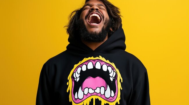 Homme riant, la t&ecirc;te renvers&eacute;e en arri&egrave;re, portant une veste &agrave; capuche noir avec une illustration repr&eacute;sentant une gueule de monstre avec des dents &eacute;normes, arri&egrave;re-plan jaune vif. 