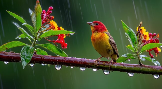 Un petit oiseau rouge et jaune perch&eacute; sur une branche couverte de gouttelettes d'eau sous la pluie.