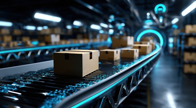 Un entrep&ocirc;t futuriste dot&eacute; de tapis roulants automatis&eacute;s avec des cartons circulant sur un syst&egrave;me de convoyeurs sombres, illumin&eacute;s par des motifs et des lignes num&eacute;riques de couleur bleu.
