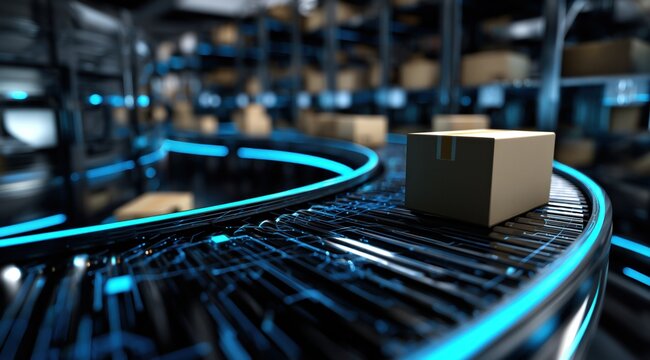 Un entrep&ocirc;t moderne et futuriste dot&eacute; de tapis roulants automatis&eacute;s avec un colis en carton, illumin&eacute;s par des motifs et des lignes num&eacute;riques de couleur bleu.