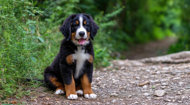 Un chiot de race Bouvier bernois, assis paisiblement au bord d'un chemin dans une for&ecirc;t &agrave; l'occasion d'une balade, vue de face.