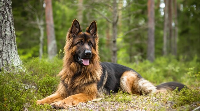 Un chien de race berger allemand &agrave; poil long allong&eacute; paisiblement dans une for&ecirc;t &agrave; l'occasion d'une balade, image avec espace pour texte.