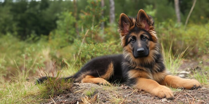 Un chiot de race berger allemand &agrave; poil long allong&eacute; paisiblement dans une for&ecirc;t &agrave; l'occasion d'une balade, image avec espace pour texte.
