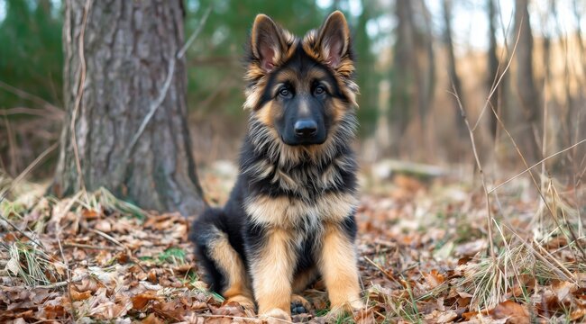 Un chiot de race berger allemand &agrave; poil long assis paisiblement dans une for&ecirc;t &agrave; l'occasion d'une balade, vue de face, image avec espace pour texte.