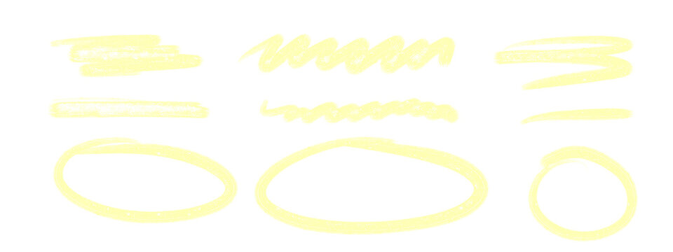 Golden glitter hand drawn highlight strokes and circles on a transparent background. Sparkling marker doodles for text emphasis, social media and festive design. PNG image