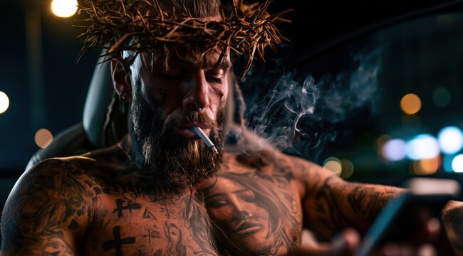 Homme portant une couronne d'&eacute;pines et une barbe, le torse et les bras couverts de tatouages, dans une voiture, fumant une cigarette et consultant son t&eacute;l&eacute;phone portable, lumi&egrave;res urbaines.
