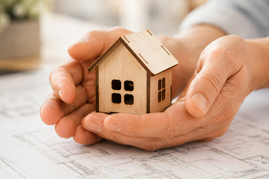 Close-up of hands protecting a wooden house model placed on an architectural blueprint, symbolizing home ownership, construction and real estate planning