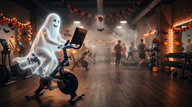 Cheerful glowing ghost rides an exercise bike in a modern gym decorated for a festive Halloween workout
