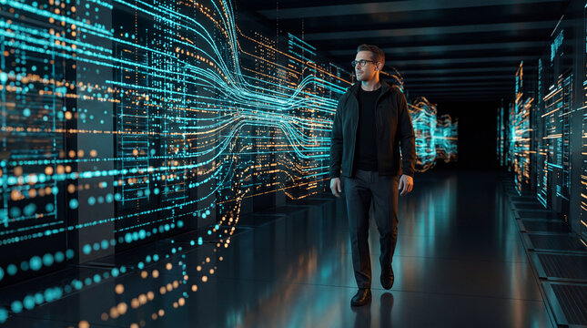 Man walking through a stream of digital data inside a futuristic tunnel