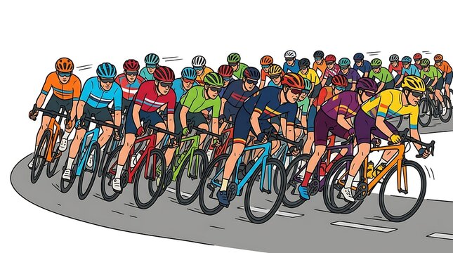 Large group of competitive cyclists racing together in a professional road cycling race with cyclists competition athletes professional training exercise outdoors athletic endurance lifestyle
