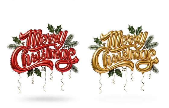 Golden Foil Balloon Merry Christmas Typography  and Red Foil Balloon Merry Christmas Typography on White ,culture,Christmas