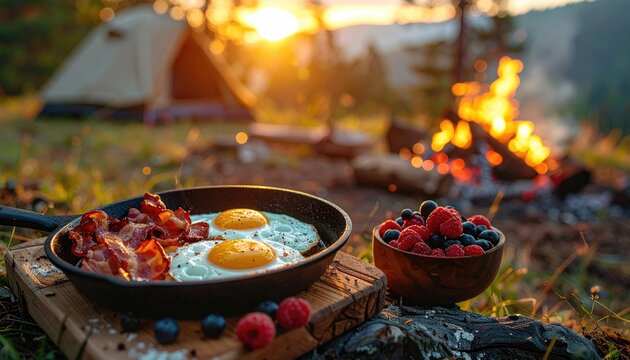 Camping breakfast with eggs bacon and berries