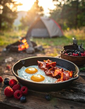 Camping breakfast with eggs bacon and berries