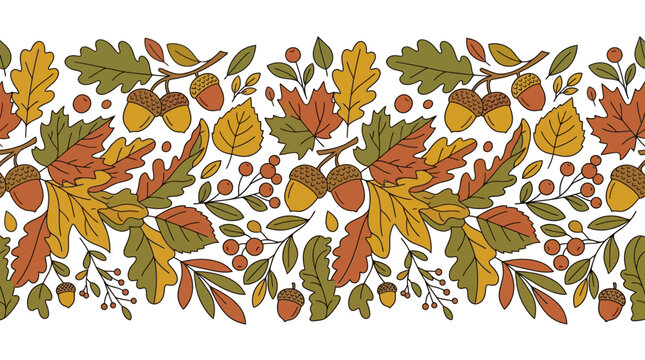 Oak leaves and acorns compose an autumn horizontal border on a white background.