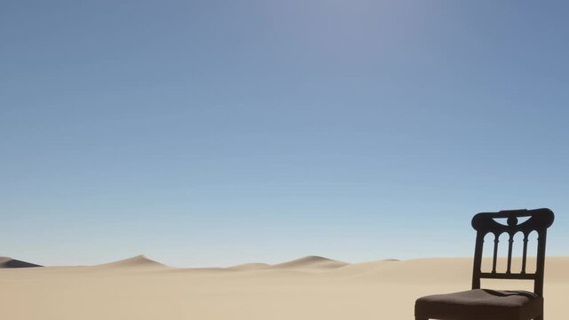 A single wooden chair stands alone in a wide desert. The sun shines bright in a cloudless sky. The dry sand stretches far into the distance with no other objects around.
