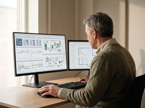 Mature engineer analyzing real-time data on laptop and oscilloscope in home office