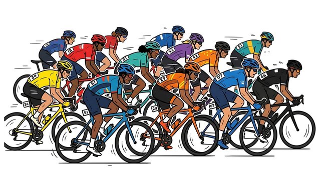 Professional road cyclists speeding in a competitive race group peloton with cyclists competition athletes professional exercise training outdoors athletic endurance lifestyle momentum