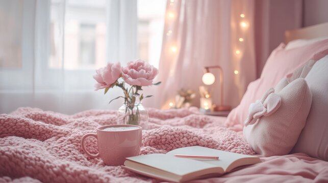 Ultra cozy pastel bedroom with soft blanket open book flowers window light and fairy lamps creating peaceful warm home scene for reading relaxation morning comfort interior decor calm feminine retreat