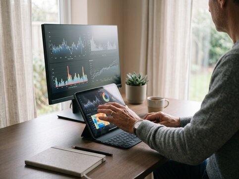 Mature woman analyzing financial data charts on a laptop screen in a home office setting.