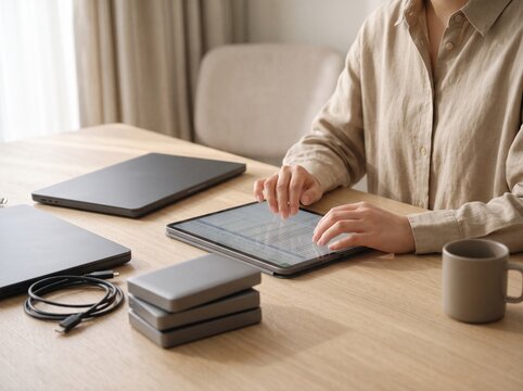 IT manager reviewing digital inventory on tablet at office desk