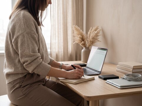 Woman working on laptop and writing in notebook at home office desk