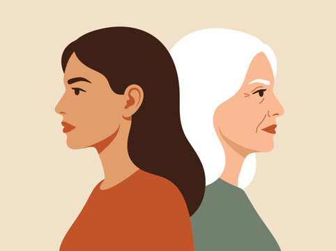 Illustration of young and elderly women back-to-back representing generations and aging